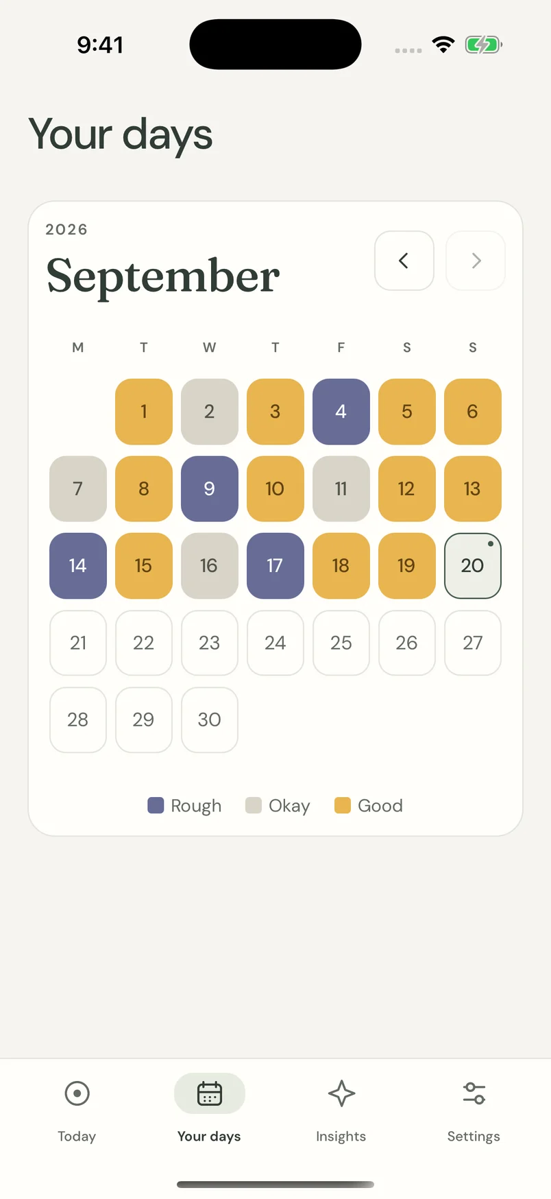The Good Days calendar, with a colorful month of good, okay, and rough days.