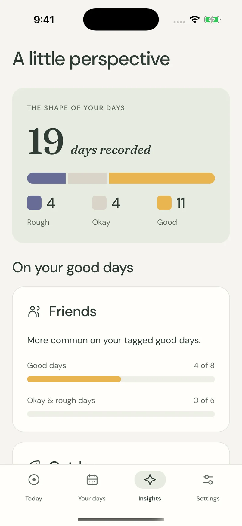 Good Days patterns showing activities that appear more often on good days, based on tagged journal entries.