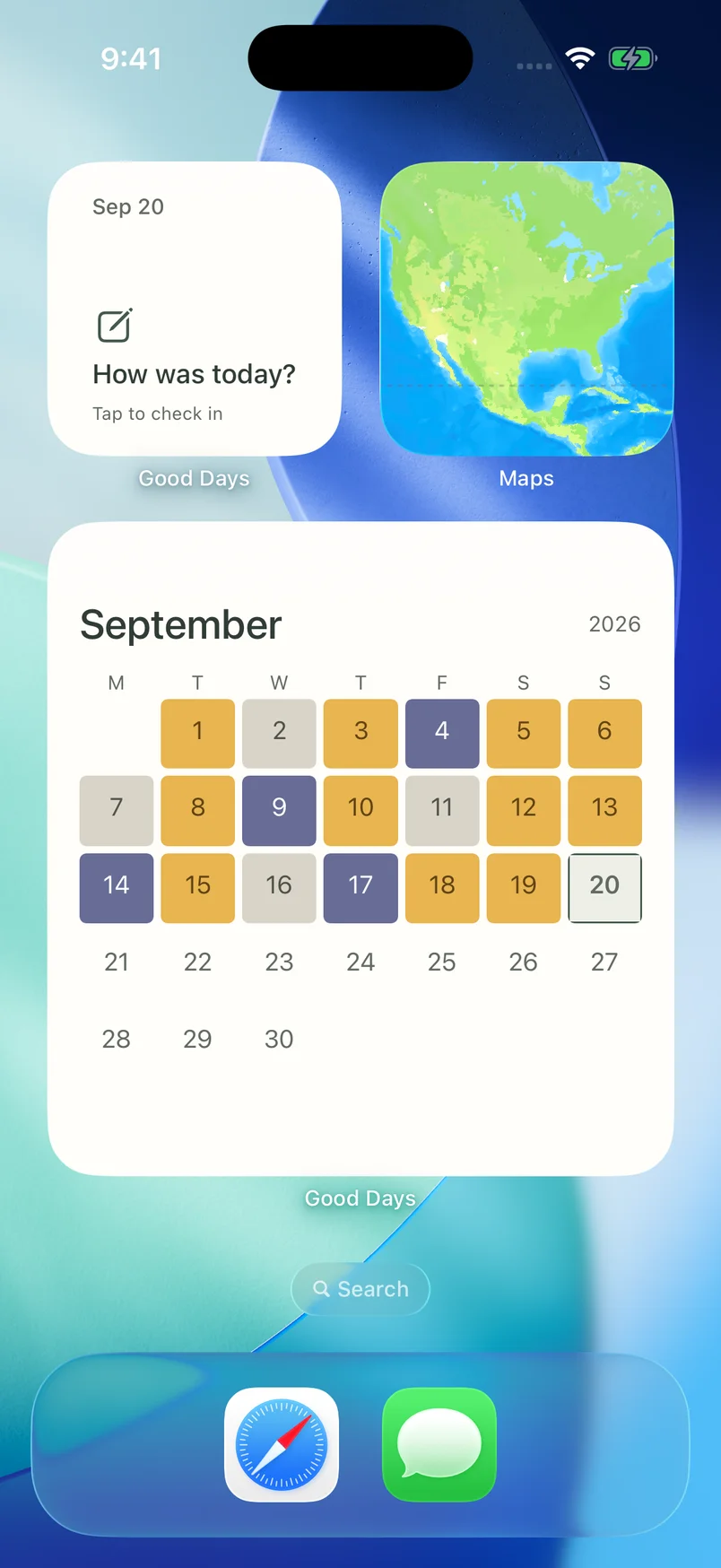 An actual iPhone Home Screen with Good Days calendar and recent-day widgets.